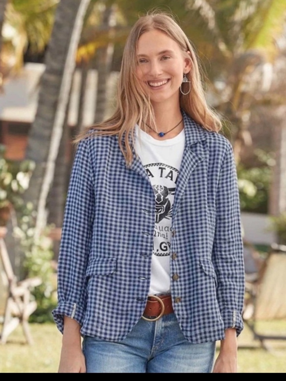 Sundance Ziri 100% Linen Checkered Blue & White Blazer Jacket Petite Medium
